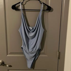 Blue cowl neck bodysuit